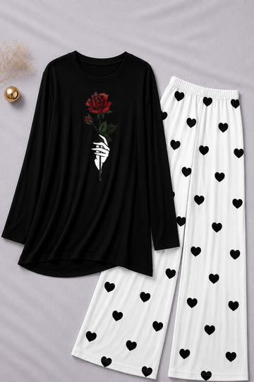 Rose Flower   Printed Black With Heart Printed  Palazzo Night Suit