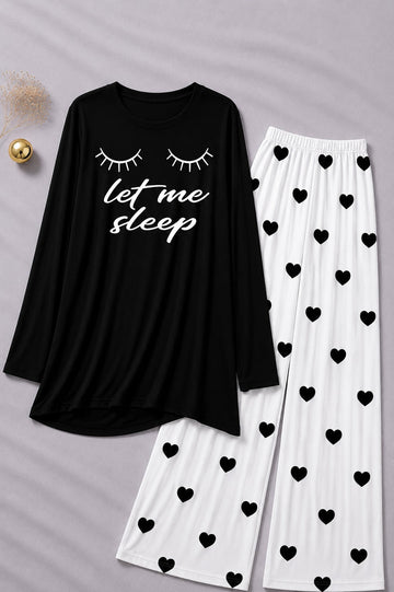 Let Me Sleep Printed Black Shirt  With Heart Printed  Palazzo Night Suit