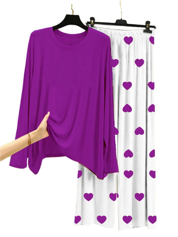 Plain Purple Shirt With Dill Printed  Palazzo Night Suit