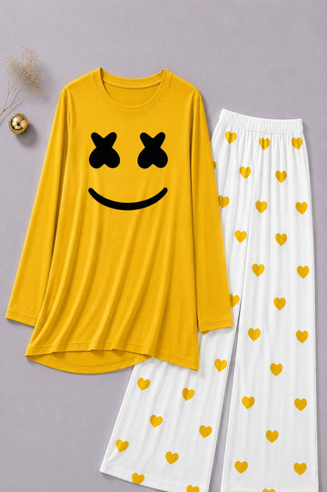 Marshmallow Printed Yellow Shirt With Heart Printed  Palazzo Night Suit