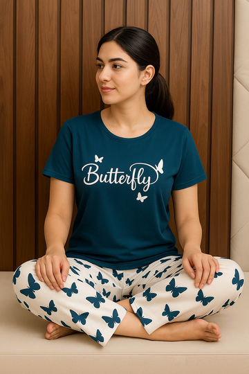 Sailor Blue  Butterfly Printed T-Shirt with Butterfly printed  Palazzo Night Suit