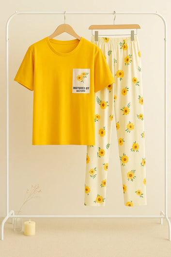 Yellow Flower Printed Pocket Half Sleeves Shirt and White Flower Printed Trouser Night Wear