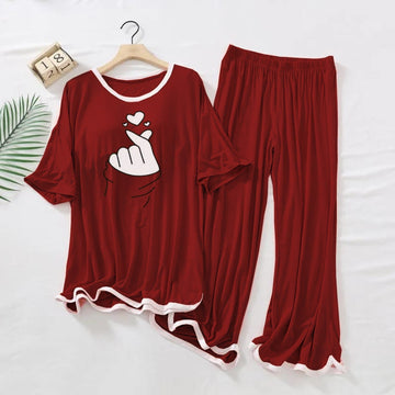 Maroon White Border Finger Love Print 2PC Palazzo Night Suit