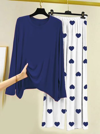 Navy Blue Let me sleep Printed Shirt With Heart Printed  Palazzo Night Suit