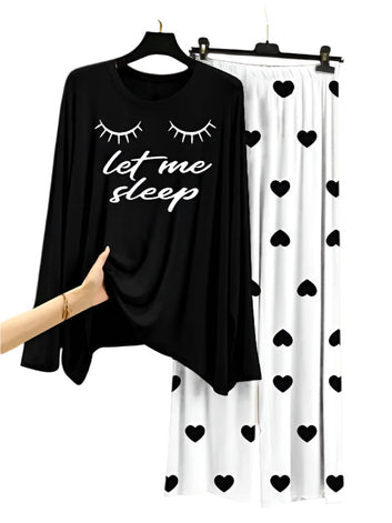 Let Me Sleep Printed Black Shirt  With Heart Printed  Palazzo Night Suit