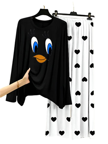 Daffy Duck  Printed Black Shirt  With Heart Printed  Palazzo Night Suit