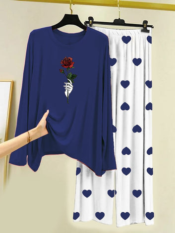 Navy Blue Rose Flower Printed Shirt With Heart Printed  Palazzo Night Suit