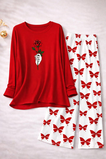 Rose Flower  Printed Red Shirt with Butterfly Printed Palazzo Night Suit