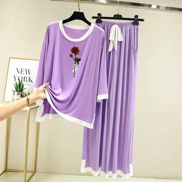 Rose Flower   Printed Full Sleeves Purple  white Border Shirt & Palazzo