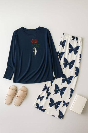 Rose Flower Printed Navy blue Shirt With butterfly Printed  Palazzo Night Suit