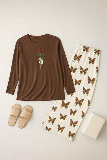 Rose Flower Printed Brown Shirt With butterfly Printed  Palazzo Night Suit
