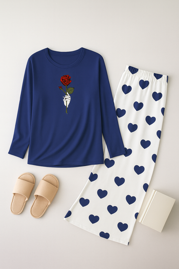 Navy Blue Rose Flower Printed Shirt With Heart Printed  Palazzo Night Suit