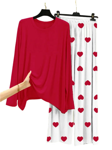 Plain Res Shirt With Heart Printed  Palazzo Night Suit