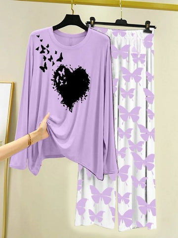 Butterfly Bloom Printed Light Purple  Shirt with Butterfly Printed  Palazzo Night Suit