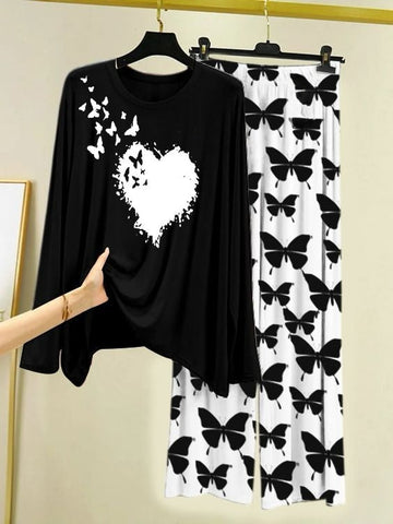 Butterfly Bloom Printed Black Shirt with Butterfly Printed  Palazzo Night Suit