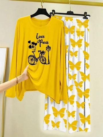 Love in Paris Printed Yellow  Shirt with Butterfly Printed Palazzo Night Suit