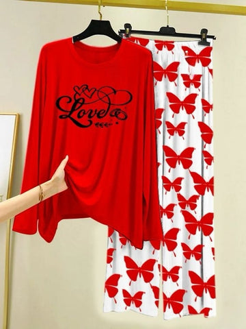 Love Script Printed Red  Shirt with Butterfly Printed  Palazzo Night Suit